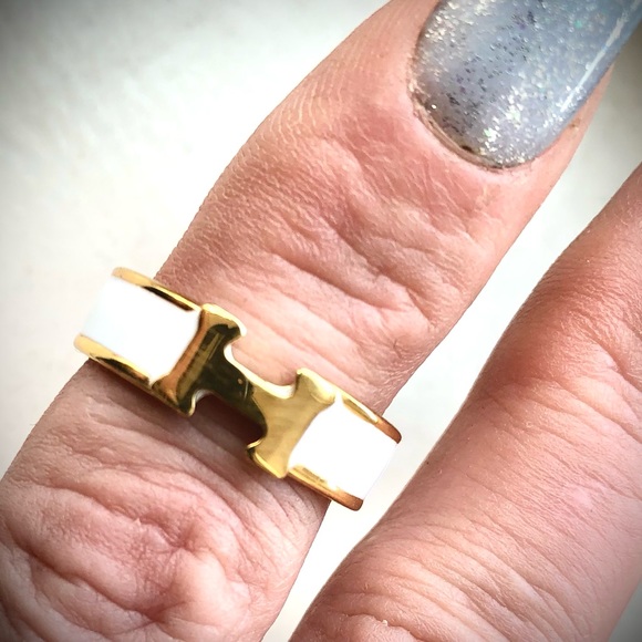 Hermes ring in white enamel / gold - Picture 4 of 6